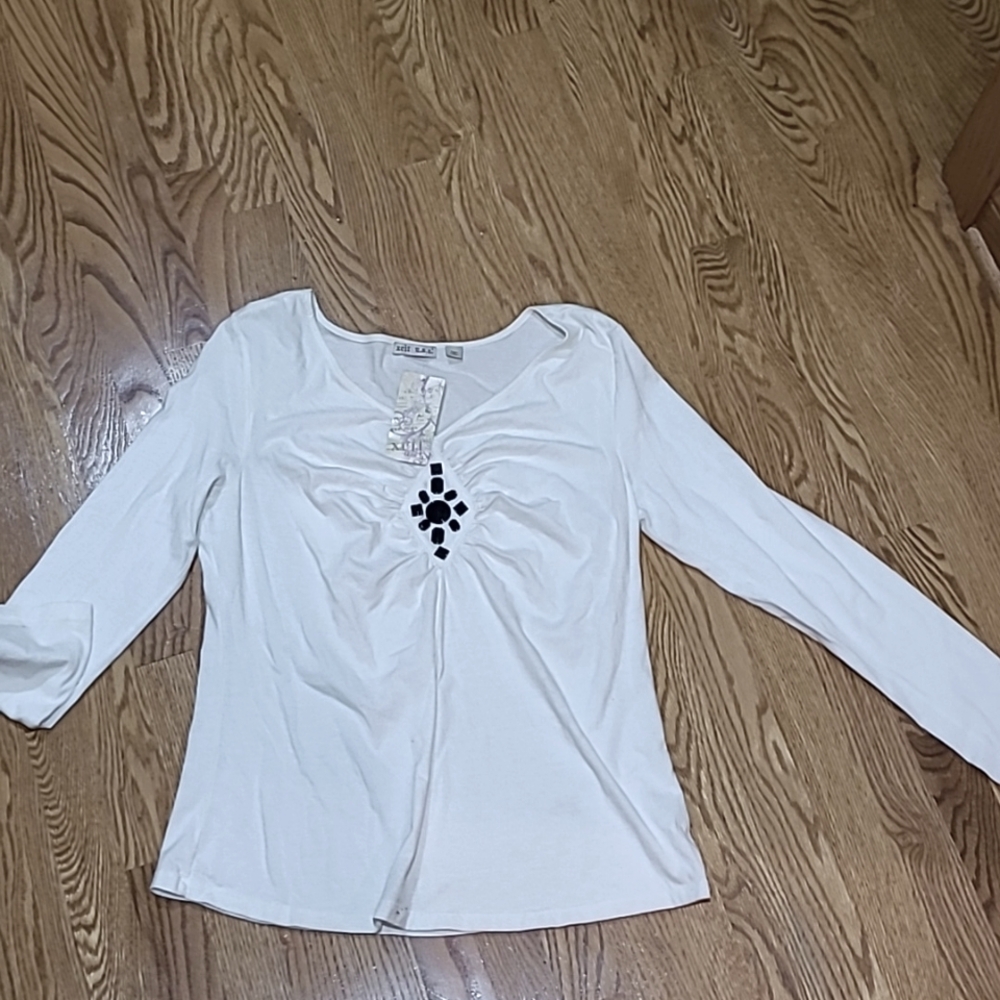 Size L, long sleeved, Cream colored blouse with black beading